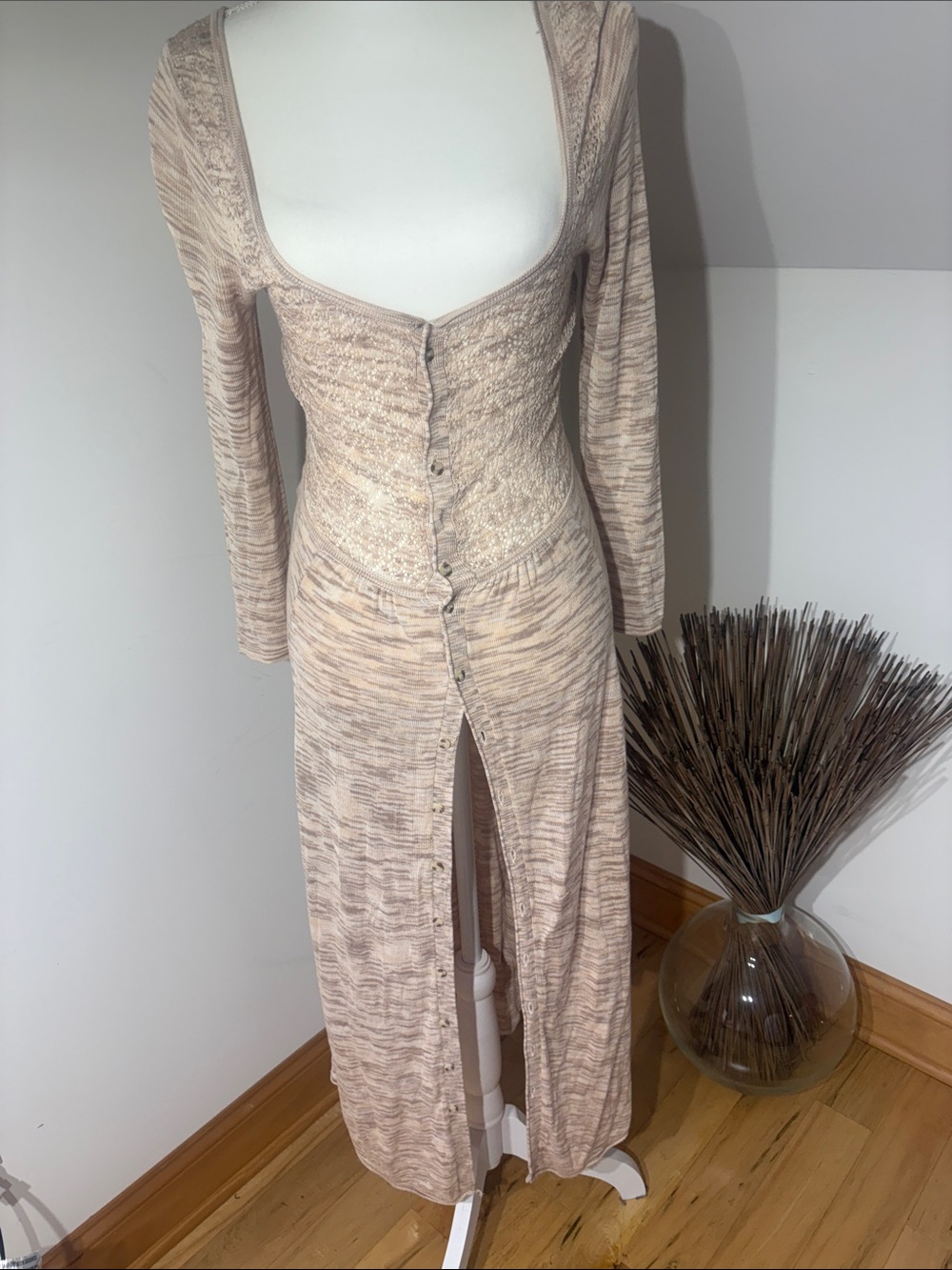 Free People Beige Marled Long Sleeve Button Front Maxi Dress